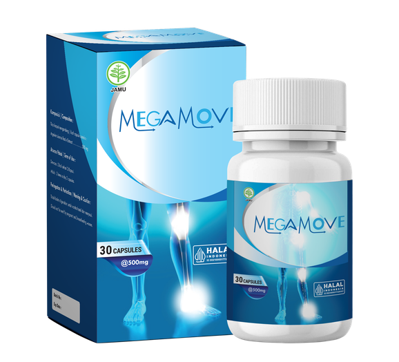 Kemasan produk suplemen Megamove dengan desain premium